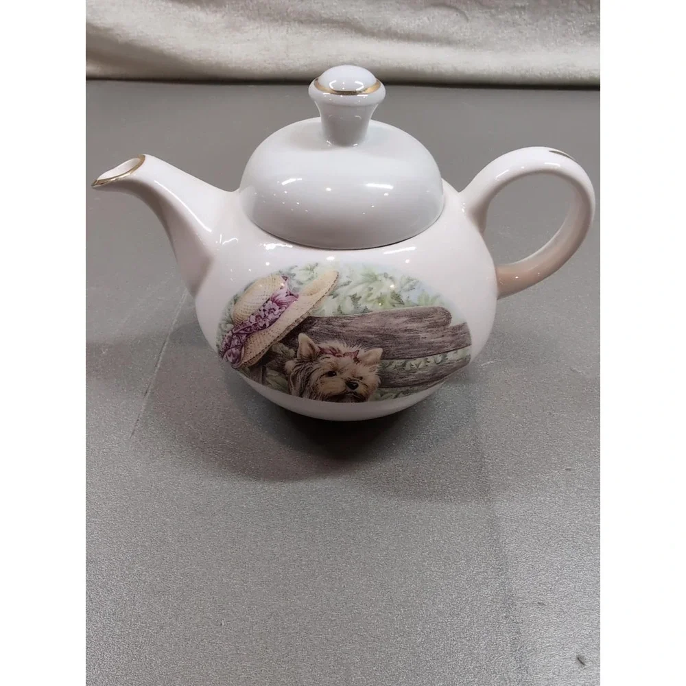 English Bone China Tea for One Set Yorkshire Terrier Yorkie & Kittens Gold Trim